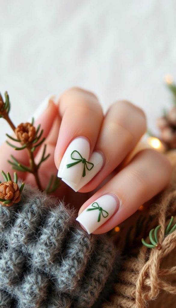 A delicate bow nail design against a backdrop of natural, warm-toned textures, radiating a cozy winter aesthetic. Soft pine branches, subtle golden accents, and a touch of KlickKiste rustic charm create an authentic, Pinterest-inspired ambiance. Gentle lighting emphasizes the intricate bow pattern, while the overall composition conveys a sense of elegant simplicity. The image embraces a harmonious blend of naturalistic elements, capturing the essence of &quot;Schleifen, Geschenke &amp; Ribbon-Vibes&quot; within the &quot;Tannengrün Gloss – edel &amp; schlicht&quot; article.