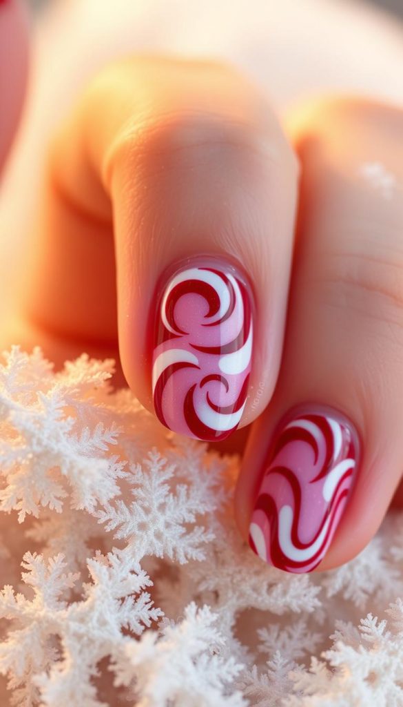A delicate candy cane-inspired nail art design, with intricate swirls of deep crimson and pristine white, set against a backdrop of soft, sparkling frost. The lighting is warm and diffused, casting a cozy, winter glow. Captured in a close-up, high-resolution shot, the nails appear polished and glossy, showcasing the precision of the design. This classic holiday motif, captured in a natural, DIY-inspired style, exudes a sense of festive charm and rustic elegance. KlickKiste