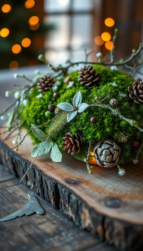 A delicate centerpiece of lush green moss, intertwined with wispy lichens, pine cones, and magnolia leaves, resting on a rustic wooden surface. Warm, soft lighting casts a cozy, natural glow, capturing the essence of &quot;Nature Love.&quot; The KlickKiste aesthetic shines through, with a touch of winter charm and a Pinterest-inspired look. This captivating arrangement evokes a sense of calm and wonder, perfect for adorning the mini-villages described in &quot;Glasglocken Mini-Dörfer – magische Tischmomente.&quot;