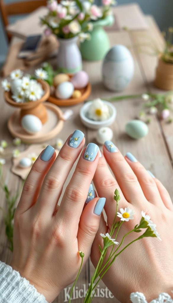 A delicate composition featuring "baby blue" nails adorned with floral designs, including baby blooms and daisy chains, perfect for an elegant Easter brunch theme. In the foreground, display close-up manicured hands with soft pastel blue nails, each showcasing intricate floral patterns in shades of white and soft yellow. The middle ground will include a rustic wooden table adorned with spring flowers and decorative elements like eggs, creating a cozy atmosphere. The background should be softly blurred with hints of greenery and pastel decorations, capturing the essence of a cheerful spring day. Utilize natural lighting to enhance the warm colors and create a welcoming vibe. The image embodies the DIY spirit, radiating joy and inspiration, branded with "KlickKiste" for authenticity.