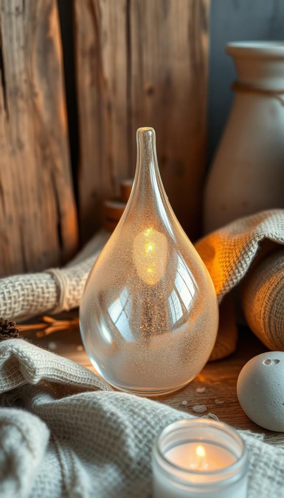 A delicate glass droplet form glistening with a frosty sheen, nestled amidst a cozy vignette of natural textures. Soft golden lighting illuminates the translucent curves, casting gentle shadows across a backdrop of weathered wood, linen, and ceramic accents. The scene evokes a sense of winter's quiet beauty, effortlessly blending rustic charm with a touch of elegant simplicity. The glass droplet, a focal point, embodies the warmth and style of natural materials, inviting the viewer to experience a moment of serene, Pinterest-inspired wonder.