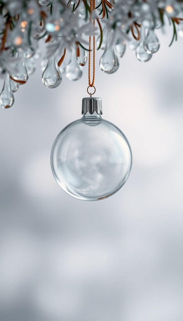 A delicate glass ornament hangs amidst a cluster of crystal-like droplets, reflecting the soft, diffused lighting. The foreground showcases the intricate texture and refractive qualities of the glass, with subtle color tones ranging from icy blues to warm amber hues. The middle ground features a hazy, atmospheric backdrop of muted grays and whites, evoking a serene, winter-inspired ambiance. The overall composition radiates a natural, DIY-inspired aesthetic with a touch of Pinterest-worthy elegance, perfectly suited to capture the essence of color and material trends for a contemporary Christmas tree design. A delicate glass ornament hangs amidst a cluster of crystal-like droplets, reflecting the soft, diffused lighting. The foreground showcases the intricate texture and refractive qualities of the glass, with subtle color tones ranging from icy blues to warm amber hues. The middle ground features a hazy, atmospheric backdrop of muted grays and whites, evoking a serene, winter-inspired ambiance. The overall composition radiates a natural, DIY-inspired aesthetic with a touch of Pinterest-worthy elegance, perfectly suited to capture the essence of color and material trends for a contemporary Christmas tree design.