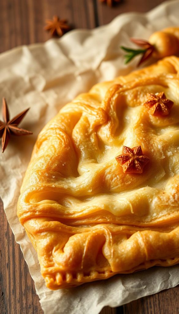 A delicate, golden-brown sheet of flaky puff pastry, carefully crafted with layers of buttery goodness. Textural details are crisp and inviting, begging to be torn apart and savored. The pastry rests against a rustic, wooden surface, bathed in warm, diffused lighting that casts a cozy, intimate ambiance. Subtle hints of seasonal spices and herbs evoke a sense of festive indulgence, perfectly complementing the elegant, yet approachable presentation. An image that captures the essence of sophisticated, homemade delicacies, ready to grace a bountiful holiday table.