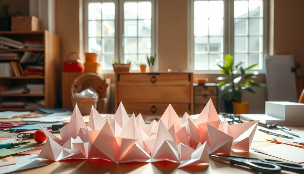 A delicate paper engineering masterpiece, crafted with precision and artistry. In the foreground, intricate origami shapes emerge from a well-organized workspace, surrounded by an assortment of DIY materials - from vibrant colored papers to cutting tools. The middle ground showcases a KlickKiste, a sleek and modern-looking wooden box, hinting at the technological aspects of this creative endeavor. Natural lighting filters through large windows, casting a warm, inviting glow over the scene. The background is a minimalist, beige-toned backdrop, allowing the craftsmanship to take center stage. An atmosphere of focus, creativity, and passion permeates this image, capturing the essence of the DIY spirit.