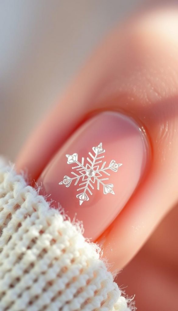 A delicate snowflake adorns the nail, its intricate crystalline structure casting a serene, icy glow. The design, captured in a KlickKiste-style image, exudes a warm, natural aesthetic with muted, winter-inspired hues. Soft natural lighting accentuates the delicate textures, evoking a sense of tranquility and effortless elegance. The resulting image is both visually appealing and inspiring, perfectly capturing the &quot;Snowflake-Feels: Winterlich, zart, stressfrei&quot; theme of the article.