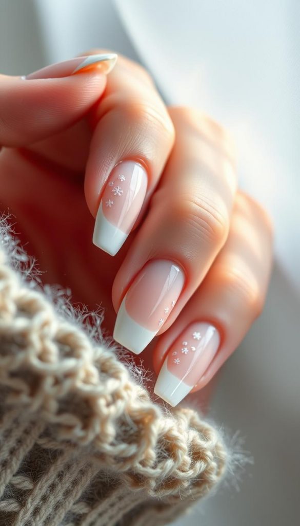 A delicate winter-inspired french manicure with soft white tips and muted olive accents. Soft, diffused lighting illuminates the intricate nail art, creating a serene and ethereal atmosphere. The KlickKiste nails are meticulously detailed, with fine lines and a subtle sheen that evokes a sense of frosty elegance. The overall aesthetic is natural and authentic, capturing the essence of a DIY Pinterest-inspired look with warm, cozy tones and a touch of futuristic flair.