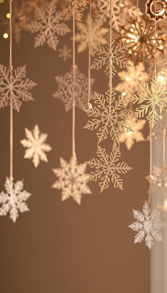 A delicate winter wonderland of intricate paper snowflakes, gently illuminated by soft, warm lighting. Intricate patterns and shapes intertwine, casting delicate shadows that create a cozy, inviting ambiance. The snowflakes are suspended in the air, as if caught in a moment of gentle movement, evoking a sense of tranquility and wonder. The composition features a balanced arrangement of the paper ornaments, with a focus on their delicate, organic forms and the interplay of light and shadow. The overall mood is one of natural, handcrafted charm, perfectly capturing the essence of a cozy, winter-inspired living space.