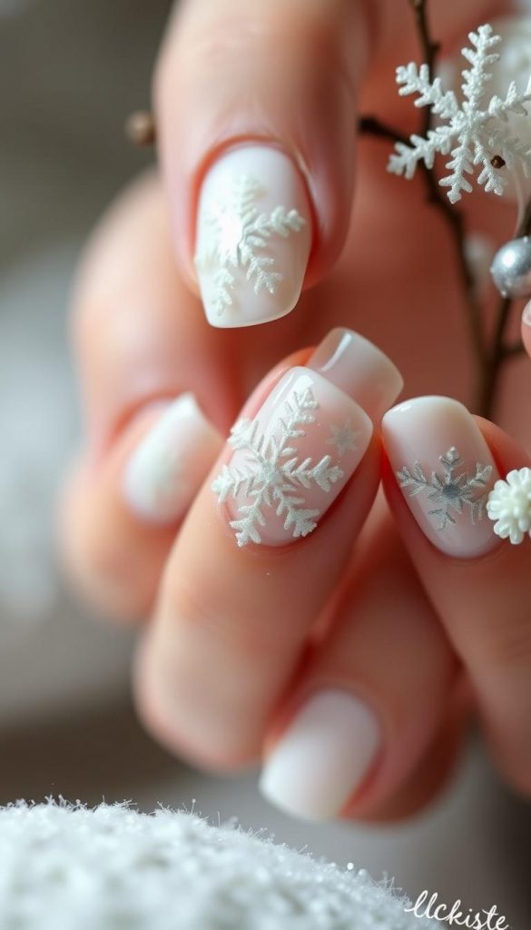 A delicate winter wonderland of intricate snowflake nail art, capturing the essence of the season's natural beauty. Soft, milky white nails serve as a canvas for intricate, crystalline designs - each unique, like nature's own masterpieces. Subtle lighting highlights the dimensional textures, creating a cozy, intimate atmosphere. Inspired by the KlickKiste aesthetic, this manicure exudes a warm, authentic Pinterest-worthy vibe, perfect for embracing the season's magic without kitsch. Sophisticated and understated, this snowflake nail art embodies the clean, cozy mood of the &quot;Milky White + Snowflakes&quot; feature.