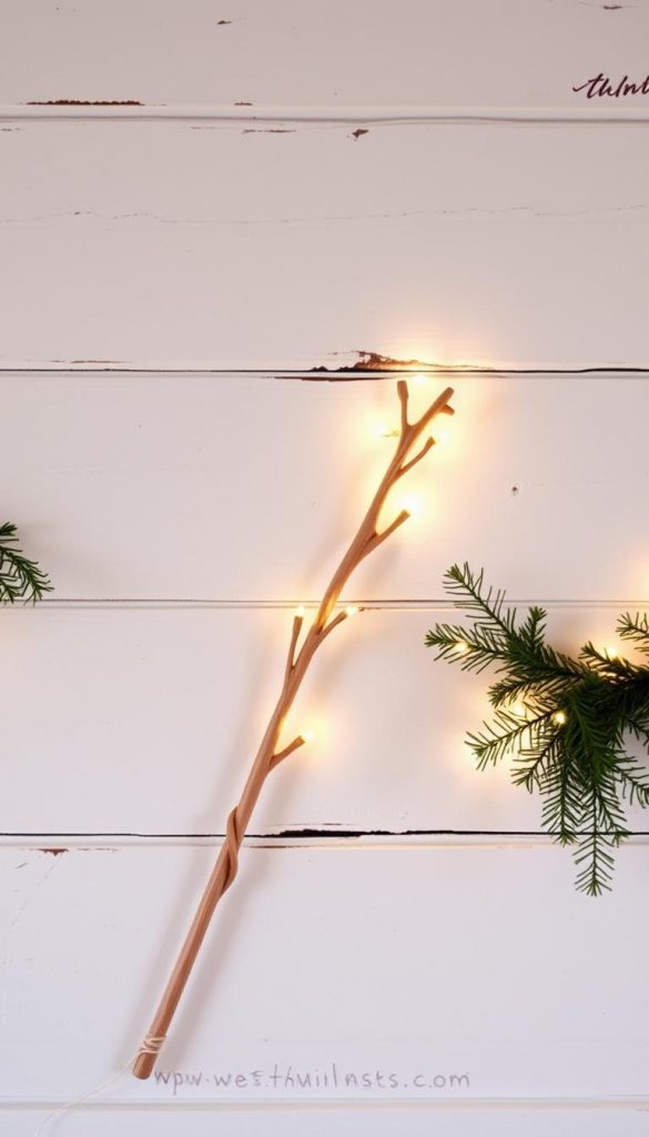 A delicate, wooden wand rests against a rustic, whitewashed wall, casting a soft, magical glow. The wand's intricate details, carved with care, shimmer in the warm, natural lighting. Surrounding the wand, a smattering of evergreen sprigs and twinkling fairy lights add a cozy, festive touch, creating a whimsical, winter-inspired scene. The overall mood is one of enchantment and Nordic simplicity, perfectly capturing the essence of the holiday season and the joy of easy, DIY wall decor.