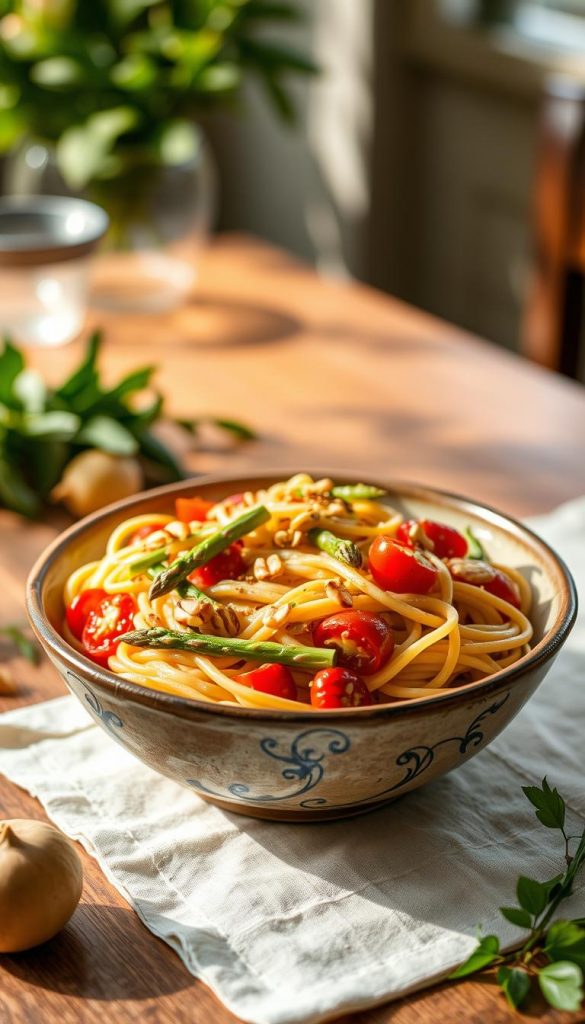 A delicious plate of Pasta Primavera inspired by Le Cirque, featuring a creamy sauce made from butter and cream, adorned with toasted pine nuts and vibrant seasonal vegetables like asparagus, cherry tomatoes, and bell peppers. The dish is elegantly arranged in a rustic bowl, set against a warm, inviting background. Soft natural light illuminates the scene, creating a cozy atmosphere reminiscent of a charming New York bistro. The table is adorned with a simple linen cloth, and there is a gentle blur of greenery in the background, contributing to a Pinterest-worthy aesthetic. This image should embody the spirit of spring with warm colors and a comforting vibe, showcasing KlikKiste’s culinary inspiration.