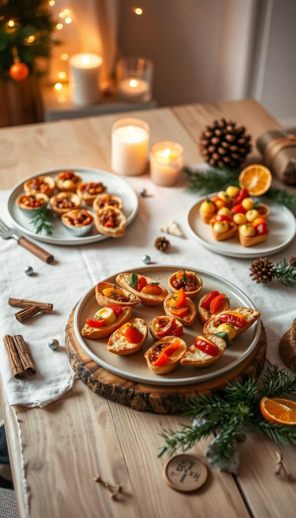 A delightful arrangement of festive appetizers in a cozy winter setting. A wooden table with a simple white tablecloth, accented with natural touches like sprigs of pine, cinnamon sticks, and dried orange slices. The appetizers are artfully presented, with mini quiches, bite-sized bruschetta, and colorful vegetable skewers. Soft, warm lighting casts a inviting glow, creating a serene and inviting atmosphere. The overall mood is one of effortless elegance and holiday cheer, perfect for a stress-free Christmas gathering.