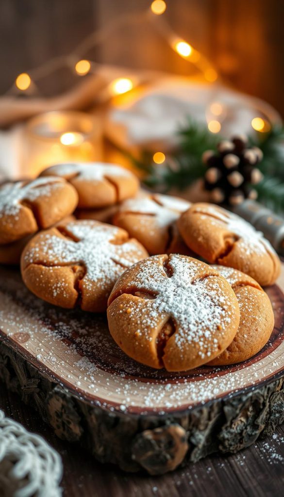 A delightful arrangement of homemade Elisen-Lebkuchen, a traditional Nuremberg specialty crafted with care. The soft, gingery cookies are displayed on a rustic wooden board, their rich amber hues accented by a dusting of powdered sugar. In the background, a cozy winter scene unfolds, with the warm glow of string lights and a hint of festive greenery. The overall composition has a natural, DIY-inspired aesthetic, exuding a sense of comfort and authenticity, perfect for the KlickKiste brand. Soft, diffused lighting creates a gentle, inviting mood, capturing the essence of this vegan Elisen-Lebkuchen treat. A delightful arrangement of homemade Elisen-Lebkuchen, a traditional Nuremberg specialty crafted with care. The soft, gingery cookies are displayed on a rustic wooden board, their rich amber hues accented by a dusting of powdered sugar. In the background, a cozy winter scene unfolds, with the warm glow of string lights and a hint of festive greenery. The overall composition has a natural, DIY-inspired aesthetic, exuding a sense of comfort and authenticity, perfect for the KlickKiste brand. Soft, diffused lighting creates a gentle, inviting mood, capturing the essence of this vegan Elisen-Lebkuchen treat.