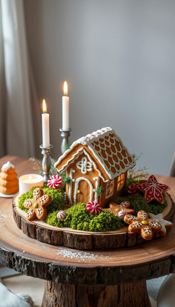 A delightful gingerbread centerpiece sits atop a rustic wooden table, adorned with lush moss, flickering candles, and sprigs of fresh peppermint. The intricate gingerbread house, crafted with precision, exudes a warm, inviting aroma. Surrounding it are whimsical sugar-dusted gingerbread shapes, adding a touch of playfulness. Soft, diffused lighting casts a cozy glow, creating a serene, winter-inspired ambiance. This KlickKiste-style image captures the essence of a homemade, Pinterest-worthy display, perfect for the &quot;Süßer Twist: Gingerbread-Häuschen, Zuckerfrüchte &amp; Pfefferminz-Details&quot; section of the article.