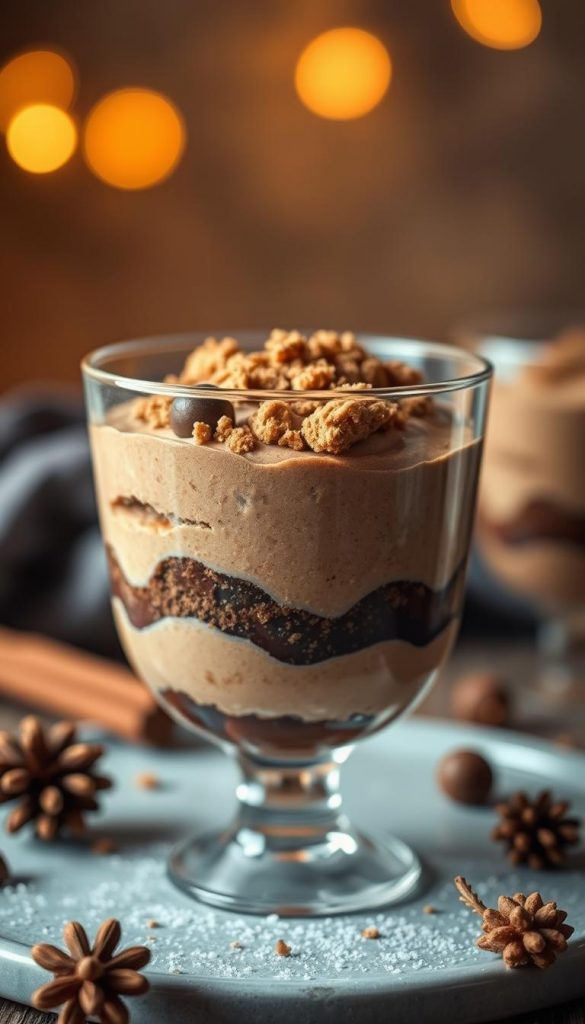 A delightful layered dessert in a glass, featuring rich chocolate and spiced gingerbread notes. A creamy KlickKiste tiramisu base, topped with a light cocoa mousse and crushed gingerbread crumbs. Warm lighting casts a cozy, winter-inspired glow, complemented by natural, earthy tones. Minimal garnishes allow the textures and flavors to shine. Captured in a simple, rustic style with a Pinterest-inspired aesthetic.