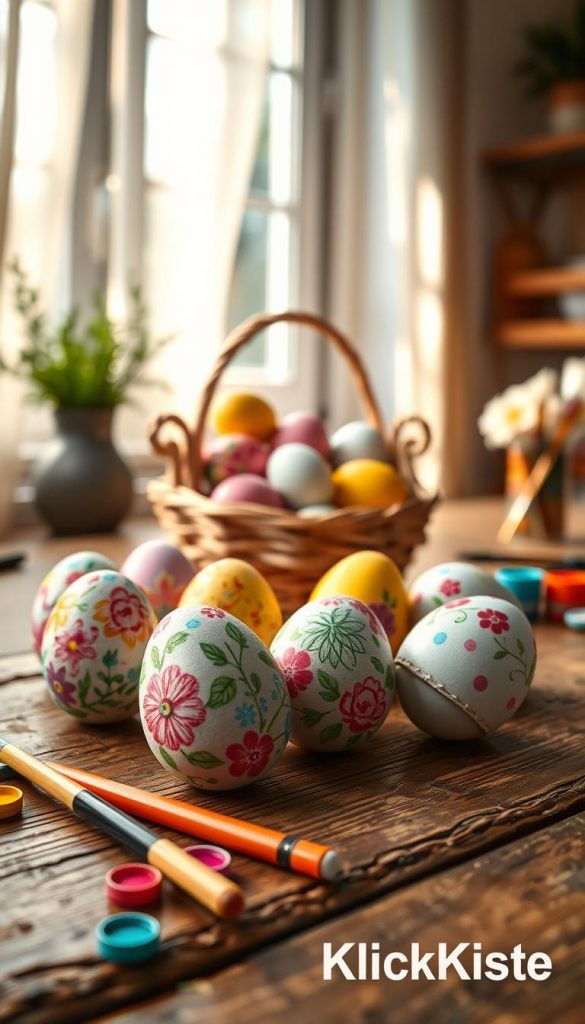 A delightful scene showcasing beautifully decorated Oster Eier (Easter eggs) on a rustic wooden table. In the foreground, vibrant eggs in pastel colors are artistically arranged, some adorned with intricate floral patterns, while others display charming polka dots and swirls. A small set of colorful art supplies, like paintbrushes and paint pots, is scattered nearby, suggesting a creative DIY atmosphere. In the middle, a soft, woven basket holds more eggs, inviting viewers to participate in the crafting process. The background features a cozy, sunlit window with sheer curtains fluttering gently, enhancing the warm ambiance. The lighting is soft and inviting, creating a natural, inspiring mood. This image conveys the joy of Easter crafts with children, embodying the spirit of creativity and family bonding, branded subtly with "KlickKiste".
