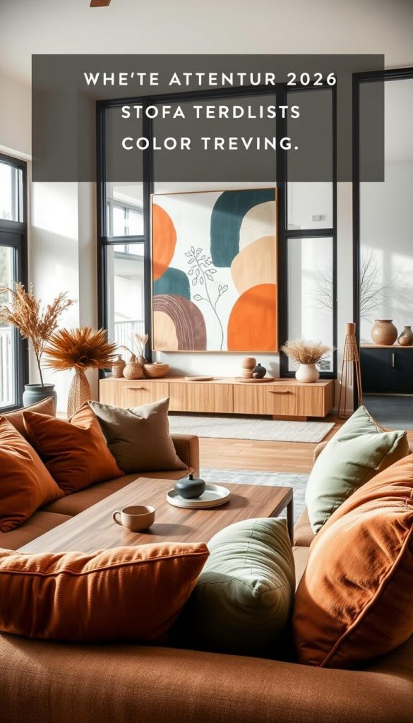 A designer signal showcases a modern living room interior reflecting the latest color trends for 2026. In the foreground, a cozy seating area features soft, textured cushions in rich, warm tones like terracotta and muted greens, arranged around a sleek wooden coffee table. The middle ground displays an artistic wall with bold abstract patterns, replacing traditional beige and greige with vibrant hues. The background offers large windows with natural light pouring in, highlighting seasonal decor with organic materials and subtle winter vibes. The atmosphere feels inviting and inspiring, perfect for a contemporary aesthetic. The image captures the essence of "KlickKiste" style, focusing on authenticity and DIY inspiration, with a soft focus lens for a warm, inviting glow. A designer signal showcases a modern living room interior reflecting the latest color trends for 2026. In the foreground, a cozy seating area features soft, textured cushions in rich, warm tones like terracotta and muted greens, arranged around a sleek wooden coffee table. The middle ground displays an artistic wall with bold abstract patterns, replacing traditional beige and greige with vibrant hues. The background offers large windows with natural light pouring in, highlighting seasonal decor with organic materials and subtle winter vibes. The atmosphere feels inviting and inspiring, perfect for a contemporary aesthetic. The image captures the essence of "KlickKiste" style, focusing on authenticity and DIY inspiration, with a soft focus lens for a warm, inviting glow.