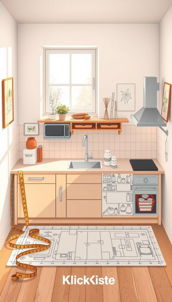 A detailed kitchen floor plan illustration designed for optimal organization, reflecting a cozy, DIY aesthetic with warm colors. In the foreground, a beautifully arranged kitchen layout showcases efficient use of space, featuring modern cabinets and clever storage solutions. The middle ground presents measuring tools, such as a tape measure and scale drawing, emphasizing precision in planning. The background features light-colored walls with artistic accents that evoke a winter vibe, framed by natural lighting coming through a window, creating an authentic Pinterest-inspired look. The overall mood is inviting and inspiring, ideal for someone looking to enhance their small kitchen. Include the brand name "KlickKiste" subtly integrated within the design elements. No text or overlays are present.