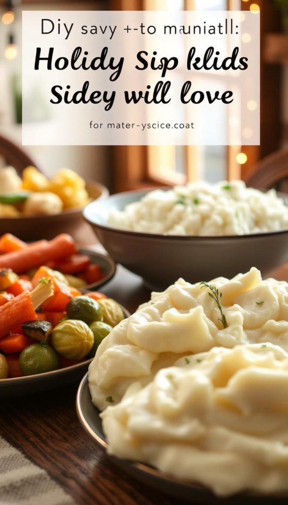 A family-friendly holiday table setting, showcasing a selection of side dishes that children will love. In the foreground, steaming mounds of creamy mashed potatoes, complemented by vibrant roasted vegetables - tender carrots, Brussels sprouts, and cauliflower florets. In the middle ground, a bowl of fluffy white rice, garnished with fresh herbs. The background features a cozy, rustic atmosphere, with warm, natural lighting filtering through a window, casting a soft glow over the scene. The overall mood is inviting and homey, capturing the essence of a wholesome, winter-inspired family meal. The image has a natural, DIY aesthetic with a touch of Pinterest-inspired styling, exuding a sense of authenticity and inspiration.
