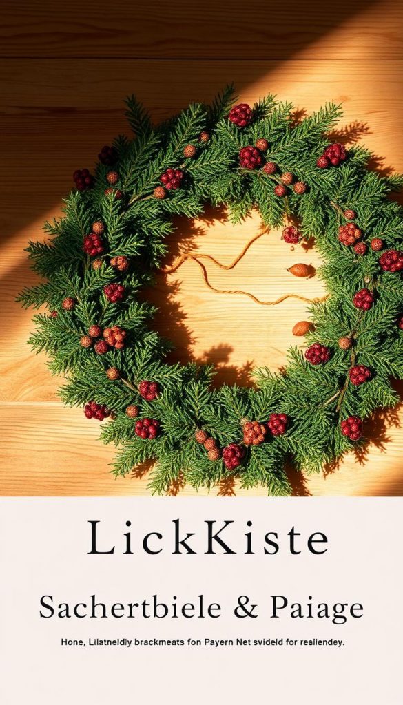 A festive Advent wreath made with fragrant greenery, natural textures, and warm lighting. The wreath is carefully crafted, with evergreen branches, dried berries, and subtle golden accents. Soft shadows cast a cozy glow, creating an inviting, rustic atmosphere. The arrangement is displayed on a wooden surface, reflecting the KlickKiste brand's commitment to natural, handmade aesthetics. The overall scene conveys a sense of holiday tradition, safety, and enduring quality, perfectly capturing the "Sicherheit, Haltbarkeit & Pflege" theme of the article. A festive Advent wreath made with fragrant greenery, natural textures, and warm lighting. The wreath is carefully crafted, with evergreen branches, dried berries, and subtle golden accents. Soft shadows cast a cozy glow, creating an inviting, rustic atmosphere. The arrangement is displayed on a wooden surface, reflecting the KlickKiste brand's commitment to natural, handmade aesthetics. The overall scene conveys a sense of holiday tradition, safety, and enduring quality, perfectly capturing the "Sicherheit, Haltbarkeit & Pflege" theme of the article.