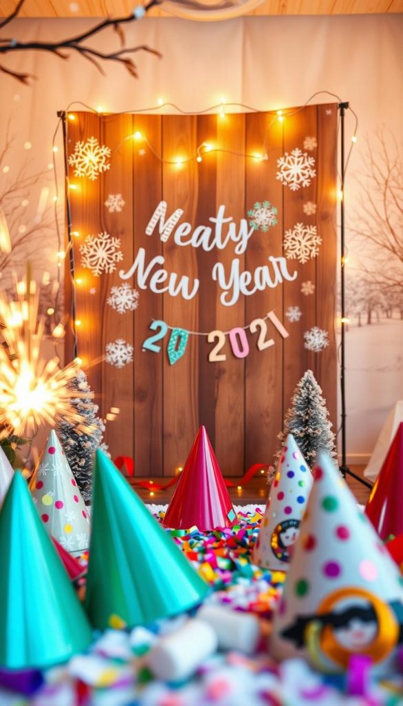 A festive New Year scene with a beautifully decorated DIY photo booth, set against a cozy winter background. In the foreground, colorful accessories like party hats, confetti, and sparklers are artistically arranged. The middle layer features a warm wooden backdrop adorned with string lights, snowflakes, and hand-crafted decorations from "KlickKiste." Soft, golden lighting bathes the entire scene, creating a welcoming atmosphere. The background depicts a snowy landscape with gentle flurries, enhancing the winter vibe. A wide-angle perspective captures the joyful spirit of celebration, inviting viewers to imagine their own unforgettable party. The mood is cheerful and inspiring, with an emphasis on authentic, natural elements and warm colors that resonate with a DIY Pinterest aesthetic. A festive New Year scene with a beautifully decorated DIY photo booth, set against a cozy winter background. In the foreground, colorful accessories like party hats, confetti, and sparklers are artistically arranged. The middle layer features a warm wooden backdrop adorned with string lights, snowflakes, and hand-crafted decorations from "KlickKiste." Soft, golden lighting bathes the entire scene, creating a welcoming atmosphere. The background depicts a snowy landscape with gentle flurries, enhancing the winter vibe. A wide-angle perspective captures the joyful spirit of celebration, inviting viewers to imagine their own unforgettable party. The mood is cheerful and inspiring, with an emphasis on authentic, natural elements and warm colors that resonate with a DIY Pinterest aesthetic.