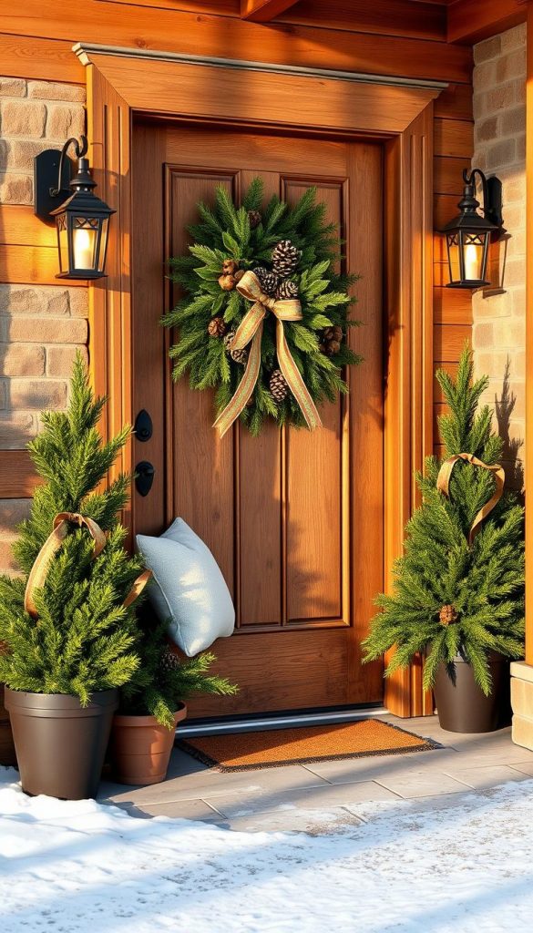 A festive and inviting entryway with a rustic wooden front door adorned with a wreath of fresh pine, pinecones, and ribbons. The door is flanked by potted evergreen plants and a cozy bench with plush pillows, creating a welcoming winter scene. Warm lighting from a wall-mounted lantern casts a soft glow, casting long shadows and adding to the cozy ambiance. The scene is framed by a light dusting of snow on the ground, enhancing the winter wonderland feel. The overall composition has a natural, DIY-inspired aesthetic with a touch of Pinterest-worthy charm. A festive and inviting entryway with a rustic wooden front door adorned with a wreath of fresh pine, pinecones, and ribbons. The door is flanked by potted evergreen plants and a cozy bench with plush pillows, creating a welcoming winter scene. Warm lighting from a wall-mounted lantern casts a soft glow, casting long shadows and adding to the cozy ambiance. The scene is framed by a light dusting of snow on the ground, enhancing the winter wonderland feel. The overall composition has a natural, DIY-inspired aesthetic with a touch of Pinterest-worthy charm.