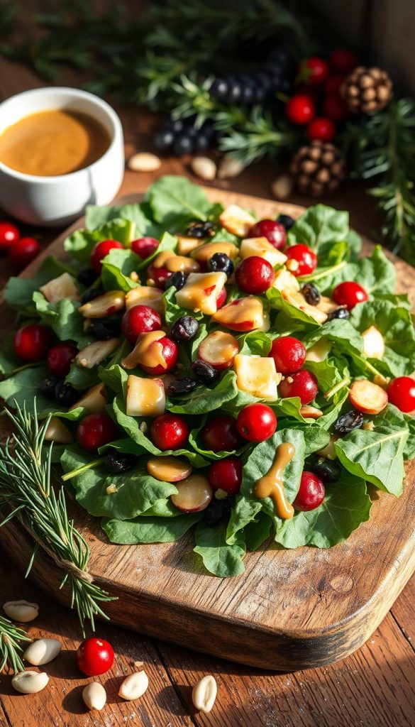 A festive and visually captivating Christmas salad, featuring a vibrant mix of crisp greens, juicy berries, and a decadent homemade dressing. The scene is bathed in warm, natural lighting, creating a cozy and inviting atmosphere. The salad is presented on a rustic wooden surface, surrounded by simple yet elegant garnishes like sprigs of rosemary and scattered pine nuts. The overall composition has a charming, DIY-inspired aesthetic, with a touch of winter whimsy that would be right at home in a Pinterest-worthy food photography spread.
