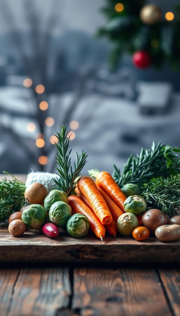 A festive arrangement of fresh, seasonal vegetables on a rustic wooden surface. In the foreground, an assortment of colorful carrots, Brussels sprouts, and baby potatoes, arranged in a visually appealing way. The middle ground features sprigs of rosemary, thyme, and other fragrant herbs, adding depth and texture. In the background, a subtle winter landscape with soft, diffused lighting, creating a cozy and inviting atmosphere. Captured with a KlickKiste-inspired warm, natural, and Pinterest-worthy aesthetic. The overall mood is one of simplicity, authenticity, and holiday cheer.