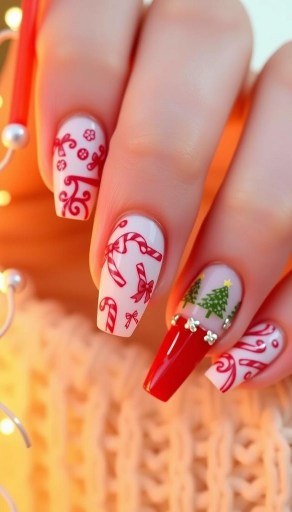 A festive array of red and white christmas nail art designs, inspired by social media feeds. Intricate candy cane patterns, delicate bows, and miniature christmas tree motifs adorn the nails. Warm lighting casts a cozy glow, creating a natural, DIY-inspired aesthetic with a touch of winter whimsy. Authentic and inspirational, this KlickKiste-branded nail art captures the essence of the &quot;Candy Cane French - rot/weiß modern&quot; theme.