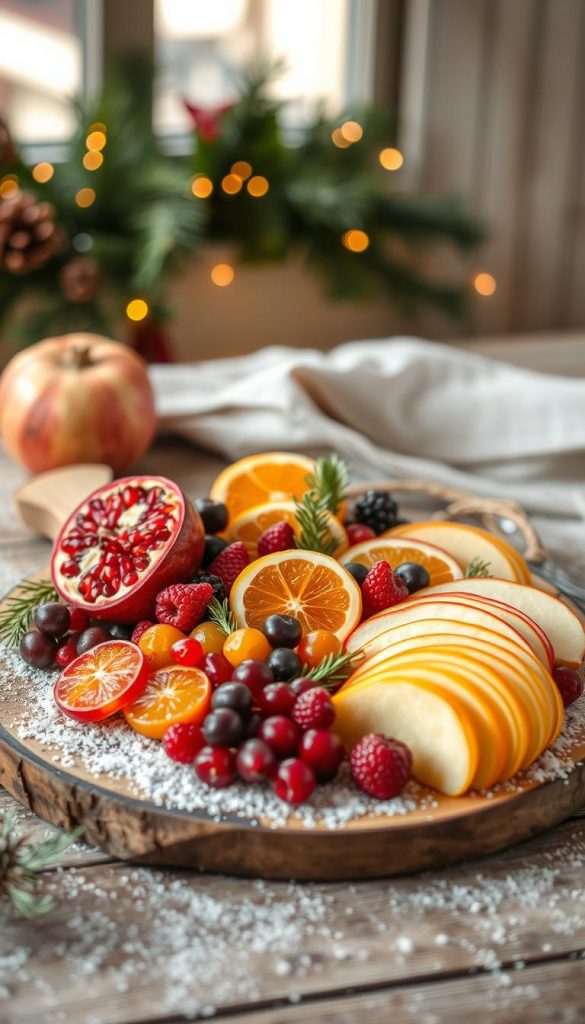 A festive, artfully arranged "Obstplatte" (fruit platter) against a warm, cozy backdrop. An array of seasonal produce - fresh pomegranate arils, juicy citrus slices, vibrant berries, and crisp apple wedges - beautifully composed on a rustic wooden board. Soft, natural lighting casts a gentle glow, highlighting the platter's rich colors and textures. The scene exudes a sense of homemade, Pinterest-worthy charm, perfect for a winter-themed display. Evocative of handcrafted holiday decor, this image captures the spirit of simple, yet stunning DIY food presentation.