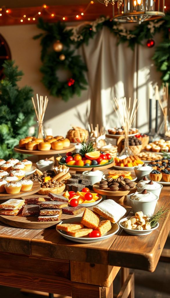 A festive buffet arrangement featuring an array of delectable winter treats. On a rustic wooden table, an assortment of baked goods, seasonal fruit, and savory snacks are artfully displayed. The scene is bathed in warm, natural lighting, creating a cozy, inviting atmosphere. In the background, a KlickKiste serves as a backdrop, adding a touch of DIY charm. The overall presentation reflects a harmonious balance of sweet and savory, with a Pinterest-inspired aesthetic that is both authentic and inspiring.