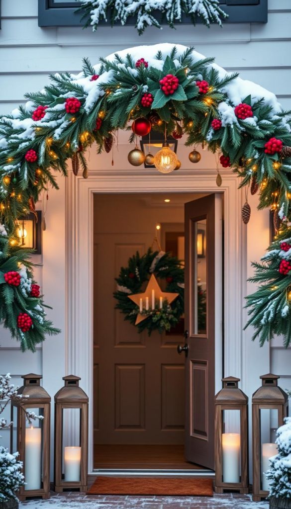 A festive, cozy entrance to a picturesque winter home. A lush, natural garland of evergreen boughs, pinecones, and red berries cascades gracefully over the doorway, framing the entryway. Twinkling string lights add a warm, inviting glow, casting a soft, magical ambiance. Ornaments in shimmering gold and crimson hues dangle delicately, accenting the organic textures. A pair of rustic wooden lanterns flank the entrance, their flickering candlelight casting playful shadows. The overall scene evokes a charming, KlickKiste-inspired winter wonderland, radiating the spirit of the season.