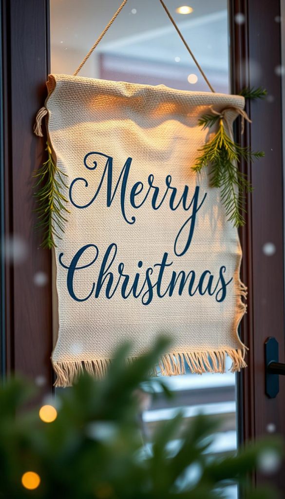 A festive door banner in the foreground, with a merry &quot;Merry Christmas&quot; message in an elegant cursive font. The banner is made of natural materials like burlap or linen, with a rustic, handcrafted look. Sprigs of fresh pine or evergreen foliage adorn the edges, adding a touch of organic charm. Soft, warm lighting casts a cozy glow, creating a welcoming winter scene. In the background, a glimpse of a snow-dusted porch or entryway, hinting at the KlickKiste's charming, Pinterest-inspired setting. Authentic, inspiring, and radiating a sense of seasonal joy.
