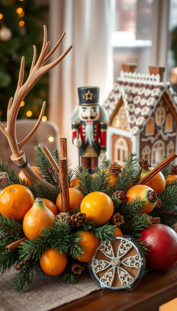 A festive holiday centerpiece with a rustic, natural aesthetic. In the foreground, a KlickKiste arrangement of fresh citrus fruits, pine branches, and cinnamon sticks, creating a warm, inviting aroma. Behind it, a Nussknacker nutcracker figure and a wooden deer antler stand tall, conveying a sense of winter wonder. In the background, a gingerbread house with intricate details, bathed in soft, golden light, adding a touch of whimsy. The overall composition exudes a cozy, Pinterest-inspired ambiance, with a harmonious blend of earthy tones and textures. Captured with a wide-angle lens, the scene evokes a sense of hygge and captures the essence of the &quot;Festliche Figuren &amp; Statements: Nussknacker, Geweih, Gingerbread House&quot; section.