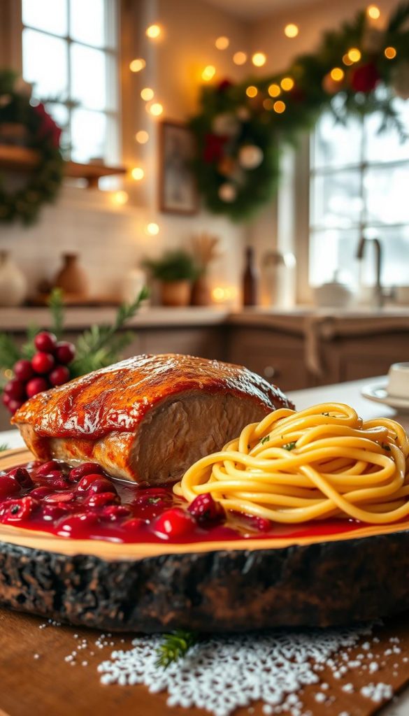 A festive holiday scene featuring a sumptuous Entenbrust Cranberry dish. In the foreground, a gleaming, golden-brown duck breast rests on a rustic wooden platter, its crispy skin glistening. Beside it, a pool of luscious cranberry sauce, studded with tart berries and fragrant herbs. In the middle ground, steaming hot pasta twirls elegantly, coated in the vibrant crimson sauce. The background is filled with a cozy winter tableau - a warm, inviting kitchen, bathed in soft, golden light from a nearby window. Festive pine boughs and twinkling fairy lights add a touch of holiday cheer. Captured with a natural, DIY-inspired aesthetic, this KlickKiste image exudes a Pinterest-worthy vibe, perfect for an article on a 30-minute Christmas main course.