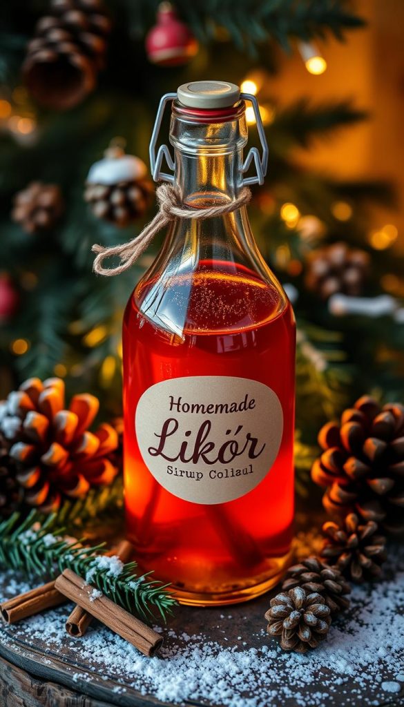 A festive homemade sirup likör in a glass bottle, illuminated by soft, warm lighting. The deep amber liquid reflects the cozy winter atmosphere, with hints of cinnamon, cloves, and orange peel visible. The bottle is placed on a rustic wooden surface, surrounded by seasonal greenery, pine cones, and a dusting of snow. The scene evokes a sense of heartfelt, handcrafted charm, perfect for gifting during the holiday season.