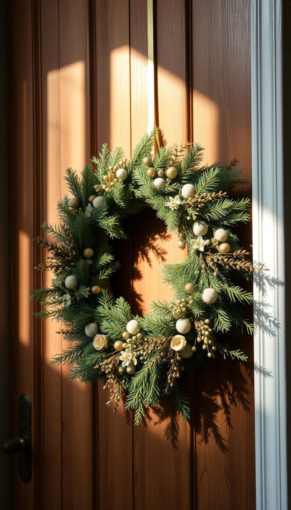 A festive, rustic wreath made of lush, verdant fir branches and delicate dried flowers. The intricate arrangement casts warm, gentle shadows in the soft, natural lighting of a cozy entryway. Touches of gold and copper accents glimmer, adding a touch of elevated elegance. The wreath's earthy, winter-inspired design evokes a sense of timeless, Nordic charm, perfectly complementing the wooden door and inviting the viewer into a space of seasonal comfort and charm. A festive, rustic wreath made of lush, verdant fir branches and delicate dried flowers. The intricate arrangement casts warm, gentle shadows in the soft, natural lighting of a cozy entryway. Touches of gold and copper accents glimmer, adding a touch of elevated elegance. The wreath's earthy, winter-inspired design evokes a sense of timeless, Nordic charm, perfectly complementing the wooden door and inviting the viewer into a space of seasonal comfort and charm.