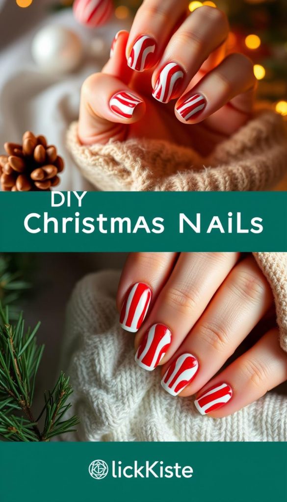 A festive scene showcasing a DIY Christmas nail design with candy cane stripes in warm, natural tones alongside a professionally done salon manicure with a sleek, modern take on the same motif. The DIY nails are captured in soft, diffused light with a cozy, winter ambiance, evoking a homemade, Pinterest-inspired aesthetic. The salon nails are shot in crisp, directional lighting, highlighting the precision and high-end finish. Both sets of nails are arranged neatly, allowing for easy visual comparison. The brand KlickKiste is seamlessly integrated into the natural, lifestyle-driven composition.