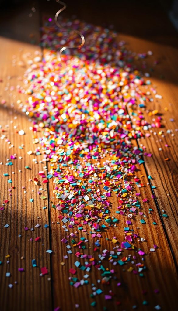 A festive table adorned with a cascade of colorful confetti, casting a warm, glittering glow under soft, natural lighting. Sprinkles of metallic and iridescent shards dance across the wooden surface, creating a captivating, winter-inspired scene. The composition showcases the joyful, DIY-inspired aesthetic, with a touch of Pinterest-worthy charm. Authentic and inspiring, this image invites the viewer to imagine a cozy, celebratory Silvester gathering, full of sparkle and delight.