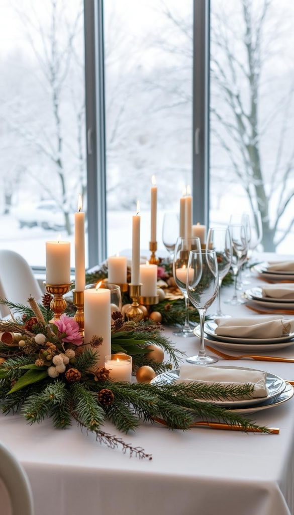 A festive table setting with a touch of winter elegance. In the foreground, a crisp white tablecloth adorned with a runner of pine branches, dried flowers, and glimmering gold accents. Clustered candles in various shapes and sizes cast a warm, cozy glow. In the middle ground, sleek champagne flutes and porcelain plates with subtle geometric patterns. The background features a large window overlooking a snowy landscape, allowing natural light to filter in and create a serene, winter wonderland atmosphere. The overall aesthetic is a harmonious blend of rustic, natural elements and refined, modern touches, evoking a sense of sophisticated celebration. A festive table setting with a touch of winter elegance. In the foreground, a crisp white tablecloth adorned with a runner of pine branches, dried flowers, and glimmering gold accents. Clustered candles in various shapes and sizes cast a warm, cozy glow. In the middle ground, sleek champagne flutes and porcelain plates with subtle geometric patterns. The background features a large window overlooking a snowy landscape, allowing natural light to filter in and create a serene, winter wonderland atmosphere. The overall aesthetic is a harmonious blend of rustic, natural elements and refined, modern touches, evoking a sense of sophisticated celebration.