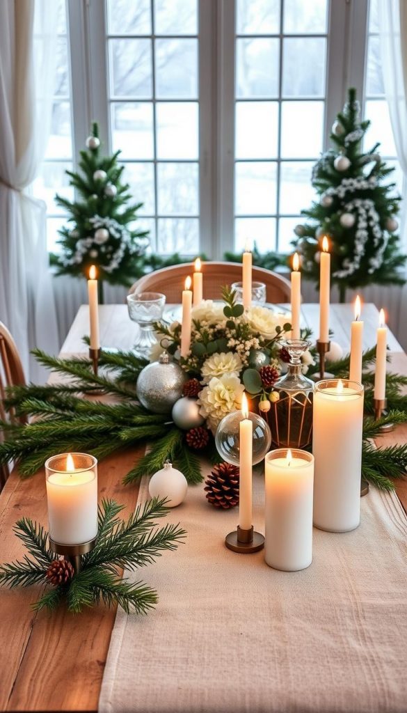 A festive tablescape with a warm, cozy atmosphere. In the foreground, a rustic wooden table dressed with a natural linen tablecloth, sprigs of fresh pine, and an array of tapered candles casting a soft glow. In the middle ground, a cluster of elegant glass ornaments, pinecones, and a simple floral centerpiece of white flowers and eucalyptus. The background hints at a winter wonderland, with a snowy landscape visible through large windows, accented by sheer white curtains. The overall aesthetic is a harmonious blend of Scandinavian simplicity and holiday glamour, inspiring a sense of hygge and wonder. A festive tablescape with a warm, cozy atmosphere. In the foreground, a rustic wooden table dressed with a natural linen tablecloth, sprigs of fresh pine, and an array of tapered candles casting a soft glow. In the middle ground, a cluster of elegant glass ornaments, pinecones, and a simple floral centerpiece of white flowers and eucalyptus. The background hints at a winter wonderland, with a snowy landscape visible through large windows, accented by sheer white curtains. The overall aesthetic is a harmonious blend of Scandinavian simplicity and holiday glamour, inspiring a sense of hygge and wonder.