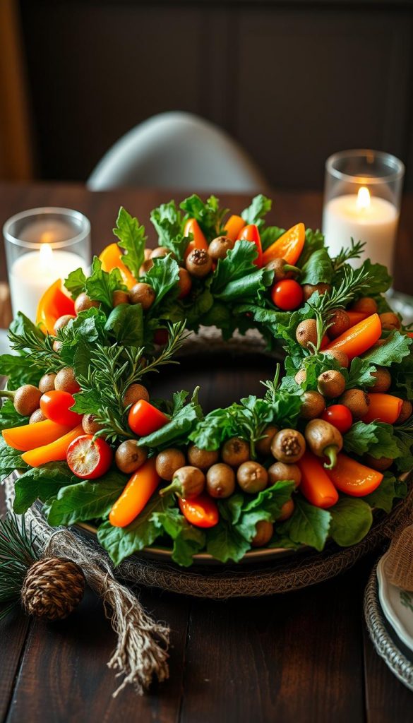 A festive vegetable wreath graces the table, a centerpiece of seasonal delights. Crisp greens, vibrant bell peppers, and earthy root veggies are artfully arranged in a rustic, KlickKiste-inspired display. Warm lighting casts a cozy glow, inviting guests to indulge in this Pinterest-worthy winter wonder. Textural elements like jute and pine add natural accents, while a touch of whimsy comes from playful sprigs of rosemary. This authentic, homemade appetizer sets the stage for a memorable family feast, brimming with holiday cheer.