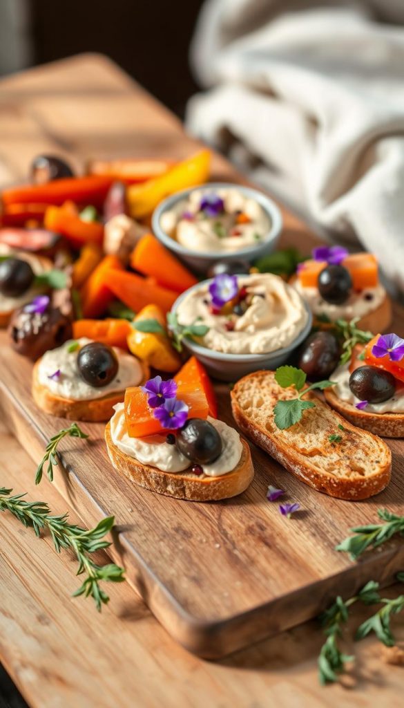 A festive vegetarian appetizer with a modern, Pinterest-inspired look. A wooden board or rustic platter holds an array of colorful, artfully arranged small bites: roasted root vegetables, creamy hummus, marinated olives, crisp crostini, fresh herbs, and a dusting of edible flowers. Soft, natural lighting casts a warm glow, highlighting the textures and vibrant hues. The scene evokes a cozy, winter gathering with a touch of DIY charm. The mood is inviting, wholesome, and visually enticing.