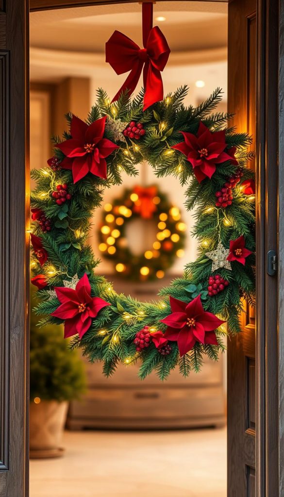 A festive wreath in soft greens, velvety reds, and twinkling lights, perfect for framing the entry to a cozy winter home. A KlickKiste creation, meticulously crafted with lush pine boughs, delicate poinsettia blooms, and shimmering gold accents. Warm lighting casts a glow over the scene, inviting viewers to step inside and experience the magic of the season. The wreath takes center stage, its elegant design and natural materials complementing the rustic charm of the doorway. This image captures the essence of the "Weihnachtliche Türdeko mit Schleifen & Samt – elegant & einfach" article, providing a visually stunning shopping guide for the perfect holiday wreath. A festive wreath in soft greens, velvety reds, and twinkling lights, perfect for framing the entry to a cozy winter home. A KlickKiste creation, meticulously crafted with lush pine boughs, delicate poinsettia blooms, and shimmering gold accents. Warm lighting casts a glow over the scene, inviting viewers to step inside and experience the magic of the season. The wreath takes center stage, its elegant design and natural materials complementing the rustic charm of the doorway. This image captures the essence of the "Weihnachtliche Türdeko mit Schleifen & Samt – elegant & einfach" article, providing a visually stunning shopping guide for the perfect holiday wreath.