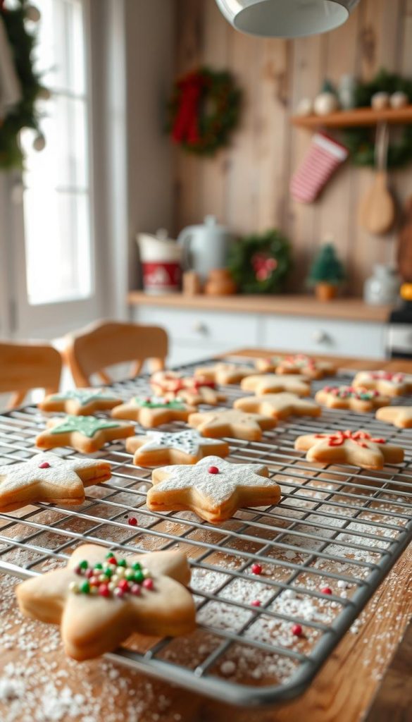 A festively decorated kitchen table with freshly baked Christmas cookies cooling on a wire rack. Soft natural lighting filters through the window, casting a warm glow on the simple, homemade treats. In the foreground, a dusting of powdered sugar and a scattering of holiday-themed sprinkles add a playful, whimsical touch. The middle ground features a mix of traditional and creative cookie shapes - stars, trees, and reimagined classics. In the background, a cozy, rustic wooden backdrop hints at the seasonal atmosphere. The overall mood is one of effortless, homespun charm, inviting the viewer to imagine the satisfying scent of just-baked cookies and the joyful spirit of the holidays.