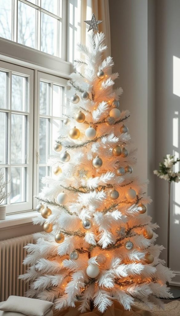 A festively decorated white Christmas tree stands in a cozy, winter-inspired setting. Glistening silver and gold ornaments, delicate glass balls, and twinkling string lights adorn the lush boughs, casting a warm, inviting glow. Plush, fluffy white garlands and a simple, rustic-inspired tree topper complete the elegant yet homely look. Sunlight filters through large windows, casting soft shadows and highlighting the tree's intricate details. The overall scene evokes a sense of Scandinavian simplicity and hygge, perfect for showcasing a beautifully styled white Christmas tree.