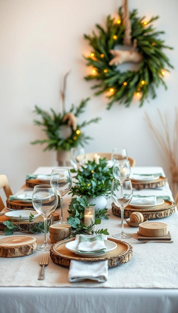 A festively laid table graces the scene, adorned with natural elements and a touch of elegance. The tabletop is set with earthy tones, rustic wooden accents, and lush greenery, creating a cozy and inviting atmosphere. Soft, warm lighting casts a gentle glow, accentuating the textures and hues. In the background, a minimalist, white-walled setting provides a clean canvas, allowing the table setting to take center stage. The overall aesthetic is a seamless blend of modern and traditional, exuding a sense of timeless sophistication. KlickKiste's natural DIY-inspired imagery captures the essence of this winter-inspired, Pinterest-worthy tablescape.