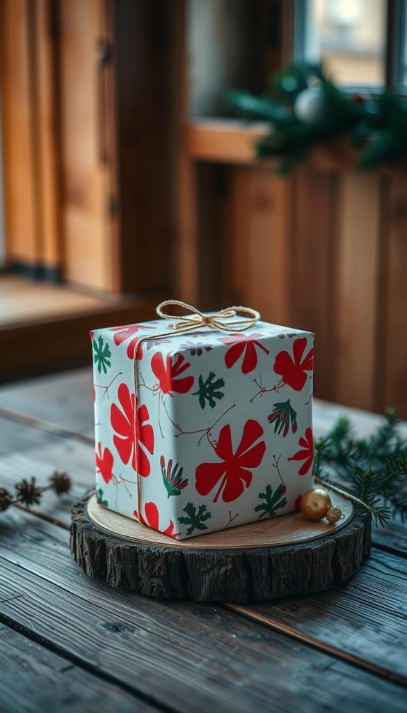 A festively wrapped present stands on a rustic wooden surface, its crisp paper adorned with a bold, wintry pattern. The gift box casts a warm, soft glow, illuminated by a gentle, natural light filtering through a window. Delicate pine branches and a single, glistening ornament accent the scene, creating a cozy, inviting atmosphere. The overall composition evokes a sense of holiday charm, perfectly capturing the essence of thoughtfully curated, sustainable packaging for the Christmas season. A festively wrapped present stands on a rustic wooden surface, its crisp paper adorned with a bold, wintry pattern. The gift box casts a warm, soft glow, illuminated by a gentle, natural light filtering through a window. Delicate pine branches and a single, glistening ornament accent the scene, creating a cozy, inviting atmosphere. The overall composition evokes a sense of holiday charm, perfectly capturing the essence of thoughtfully curated, sustainable packaging for the Christmas season.