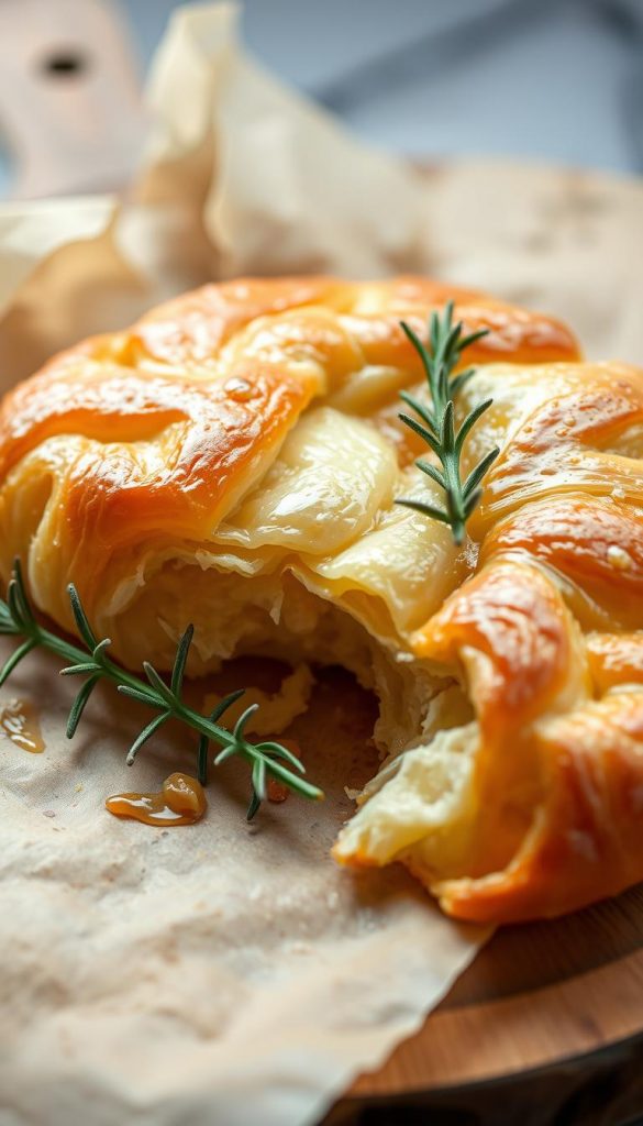 A flaky, golden-brown puff pastry, freshly baked and glistening with a light glaze, sits nestled on a rustic wooden board. The delicate layers of dough are carefully unraveled, revealing a soft, tender interior. Sprigs of fresh rosemary and thyme add a touch of earthy elegance, complementing the warm, comforting tones of the pastry. Soft, natural lighting casts a cozy glow, highlighting the intricate textures and inviting the viewer to imagine the satisfying crunch and buttery flavor. This appetizing scene evokes a sense of homemade, winter-inspired delight, perfect for sharing with loved ones on a chilly Silvester evening.