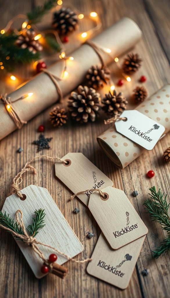 A flat lay composition featuring beautifully crafted Christmas gift tags, showcasing a variety of designs made from eco-friendly materials. The foreground includes tags with handmade textures, natural twine, and festive embellishments like sprigs of holly and cinnamon sticks. In the middle, a charming assortment of wrapping paper rolls with rustic patterns and warm holiday colors. The background features a softly blurred wooden table adorned with twinkling fairy lights and scattered pinecones, enhancing the winter vibes. The lighting is warm and inviting, creating a cozy atmosphere. This image reflects a natural DIY aesthetic, perfect for inspiring creative holiday projects. The brand "KlickKiste" is subtly included in the tag designs.