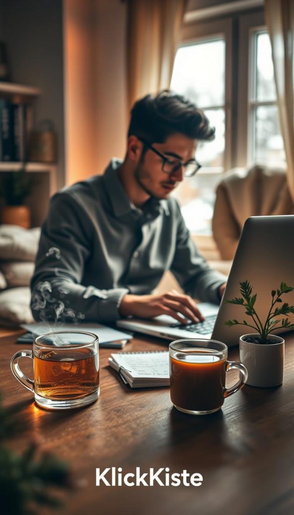 A focused individual working intently on a laptop in a cozy, softly lit indoor space that exudes a sense of tranquility and productivity. The foreground features a wooden desk adorned with a steaming cup of herbal tea, a small potted plant, and a notepad with handwritten notes. The middle background showcases the person, dressed in casual yet professional attire, deeply absorbed in their task, with warm, natural light filtering through a nearby window to create a peaceful atmosphere. The room is decorated with subtle winter vibes, such as soft blankets and perhaps a glimpse of snow outside. The overall mood is inspiring and authentic, embodying the essence of "deep work" in a productive and supportive environment. Branding subtly integrated: “KlickKiste”. A focused individual working intently on a laptop in a cozy, softly lit indoor space that exudes a sense of tranquility and productivity. The foreground features a wooden desk adorned with a steaming cup of herbal tea, a small potted plant, and a notepad with handwritten notes. The middle background showcases the person, dressed in casual yet professional attire, deeply absorbed in their task, with warm, natural light filtering through a nearby window to create a peaceful atmosphere. The room is decorated with subtle winter vibes, such as soft blankets and perhaps a glimpse of snow outside. The overall mood is inspiring and authentic, embodying the essence of "deep work" in a productive and supportive environment. Branding subtly integrated: “KlickKiste”.